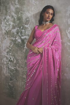 #saree Saree Satin, Chiffon Embroidery, Skirt Chiffon, Stitched Saree, Rani Pink, Embroidered Motifs, Vacuum Storage, Drape Saree, Indian Wedding Wear