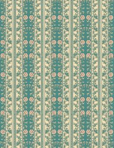 a blue and beige striped wallpaper with flowers