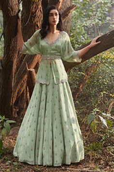 Shop for Sana Barreja Green Georgette Rania Kimono Blouse And Lehenga Set for Women Online at Aza Fashions Long Lengha Blouse, Ghagra Long Blouse Designs, Belt Gown Style Indian, Georgette Gowns Western, Palazzo Pant With Crop Top And Coat, Skirt And Long Top Indian, Peplum Top Sharara Set, Kurti Ghagra Designs, Lengha With Long Top