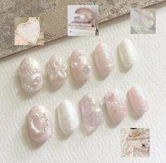 Korean Nail, Pearl Nails, Dream Nails, Pink Ribbon, Feet Nails, Winter Nails, White Nails