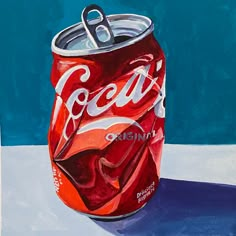 a painting of a can of coca - cola sitting on a table with a blue background