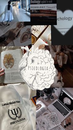 the collage shows many different things that are in this photo, including books and other items