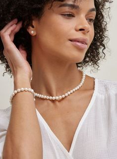 A classic strand of pearls with matching stud earrings is more than just a welcomed addition to your jewelry box  its a veritable staple to be cherished for a lifetime. Our Freshwater Pearl Necklace and earrings set features stunning white round pearls, with a discreet and luminous luster that is suitable both for your daytime and night-time outfits.

Customize your pearl set with the desired necklace length, pearl quality, clasp and earring backing type for a unique, personalized gift, ideal Leather Pearl Jewelry, Pearl Trend, Pearl Necklace And Earrings, Strand Of Pearls, Gold Pearl Jewelry, Single Pearl Necklace, Real Pearl Necklace, Successful Business Tips, Pearl Engagement Ring