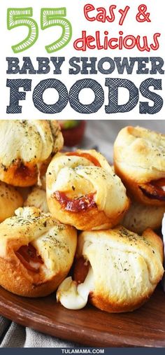 mini pigs in a blanket with text overlay that reads easy and delicious baby shower foods