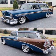 two pictures of an old car with chrome rims and wheels, one is brown and the other is blue