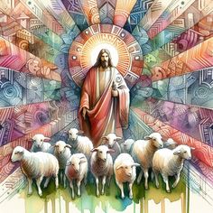 a painting of jesus surrounded by sheep in front of an artistic background with rainbow colors