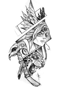 a drawing of a woman with an eagle headdress on her head and feathers