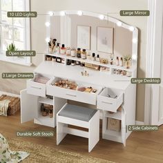 the contents of a white vanity with lights and drawers on it's top shelf