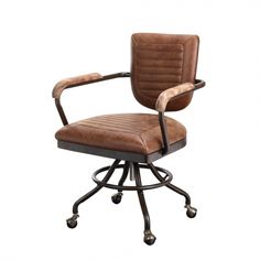 an office chair with casteors and leather upholstered on the back, viewed from the front