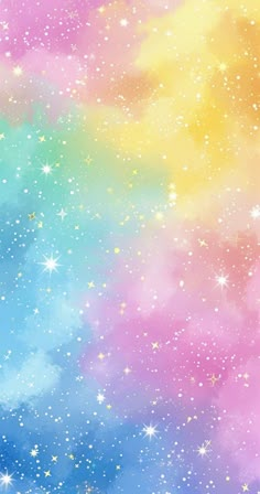 the sky with stars and clouds painted in pastel blue, pink, yellow and green