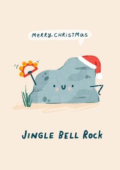 a christmas card with an image of a rock and santa's hat on it