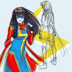 a drawing of a woman with long hair in front of a mannequin wearing a costume