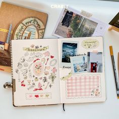 an open notebook with pictures and other items on the cover, along with crayon pens