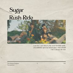 an advertisement for sugar rush ride with three people sitting on the grass and one person laying down