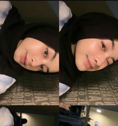 three pictures of a woman wearing a hijab and posing for a selfie