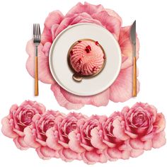 there is a plate and fork on the table next to pink flowers with one piece of cake in the middle