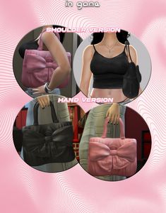 four different types of purses on display in front of a woman's face