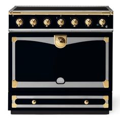 a black and gold stove with four burners