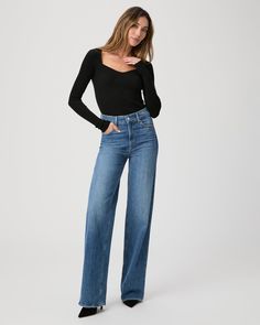 Sasha is our new high-rise wide leg with a loose, relaxed column fit. This pair is cut from our PAIGE VINTAGE denim in light wash with lived-in details and an extended coin pocket. PAIGE VINTAGE takes all of the work out of breaking in your favorite pair of vintage jeans. We've combined the comfort of stretch with everything you love about authentic vintage denim to create super soft jeans that feel perfectly lived-in from the very first wear. | PAIGE Women's Sasha Wide Leg Jean - Stefania Distr Chic Hipster Outfits, Straight Leg Jeans Outfits, Everyday Glam, Soft Jeans, Breaking In, Hipster Outfits, 2024 Christmas, Relaxed Jeans, Long Jeans