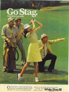 an advertisement for the white stag golf club featuring three men and a woman in yellow