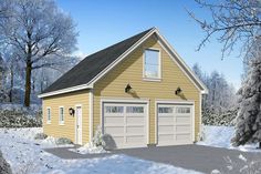 a two car garage is shown in the snow