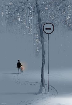 a person riding a bike down a snow covered road next to a tree and street sign