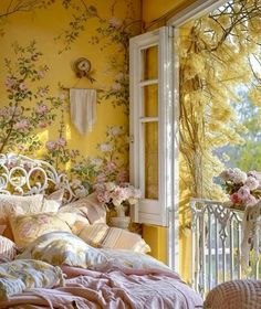 a bedroom with yellow walls and flowers on the wall, bedding is made up