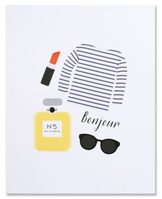 an art print with sunglasses, lipstick, and perfume bottle on it's white frame