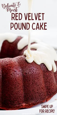 a red velvet pound cake on a white plate with a candle sticking out of it