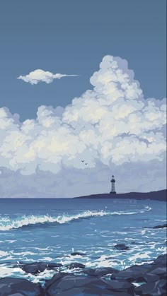 a painting of the ocean with a lighthouse in the distance and clouds above it on a sunny day