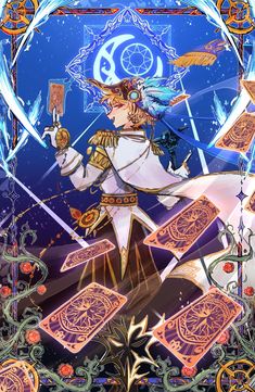 an image of a woman on a horse with cards in her hand and the moon behind her