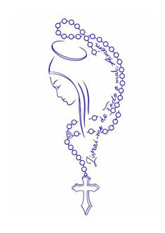 the outline of a rosary with a woman's face and cross on it, in blue