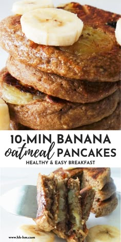 pancakes with banana slices and syrup on top are shown in this collage for breakfast