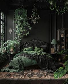 a bedroom with dark green walls and plants