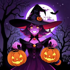 a witch holding two pumpkins in front of a full moon with bats and trees