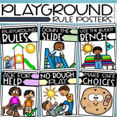 playground rules posters with children playing on the slide, and no dough or playdou