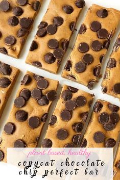 chocolate chip cookie bars cut into squares and stacked on top of each other with text overlay