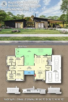 two story house plan with 3 car garage and living room, attached to the main floor