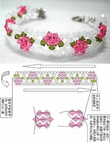 the instructions to make a bracelet with flowers and leaves on white fabric, including beads