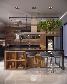 a modern kitchen with bar stools and an island in front of the countertop