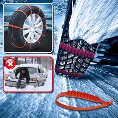 there is an image of snow tires and other things in the photo, including a car tire