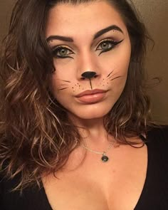 DIY Cat Halloween Costume Makeup Idea #halloweenmakeup #halloween #catmakeup Makeup For Cat Costume, East Cat Makeup Halloween, Woman’s Cat Costume, Kitten Halloween Costume For Women, Adult Cat Makeup, Kitty Cat Makeup Halloween, Womens Cat Costume Diy, Last Minute Cat Costume