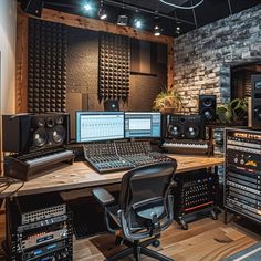 a recording studio with multiple monitors and sound equipment