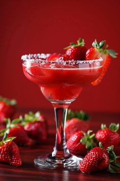 a red drink with strawberries on the rim and garnished with sugar in it