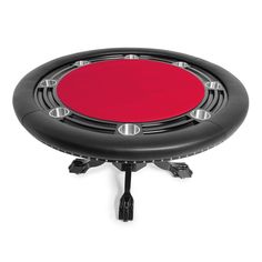 a black and red stool with wheels on the bottom, in front of a white background