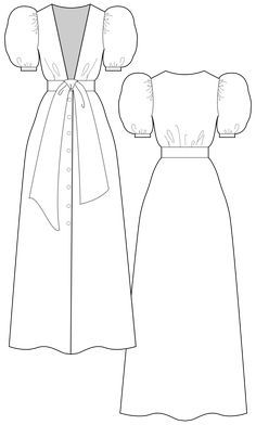 the front and back view of a women's dress with short sleeves, tied at the waist