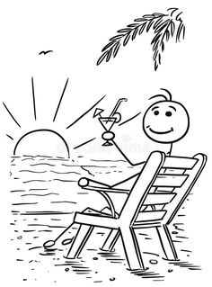 a cartoon man sitting on a beach chair