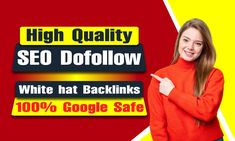 a woman pointing to the right with high quality seo dofollow white hat backlinks