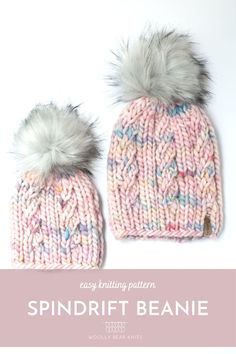 two knitted hats with pom - poms on top and the words, easy knitting