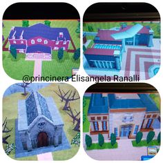 four different views of a house with blue roof